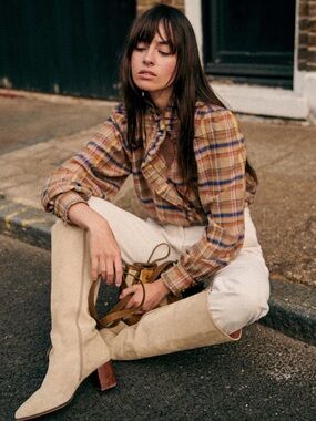 Sezane Coline Carreaux Folk Plaid Ruffled Blouse